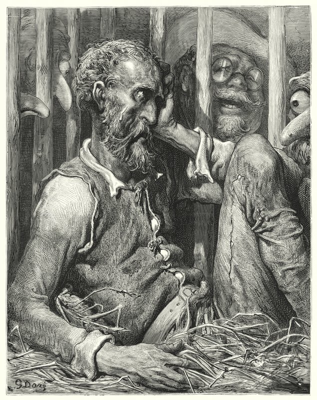 Don Quijote Gustava Dorea: „Don Quijote nebyl ani tak ohromen svým okouzlením, jako spíše jeho způsobem“ (rytina) od Gustave Dore