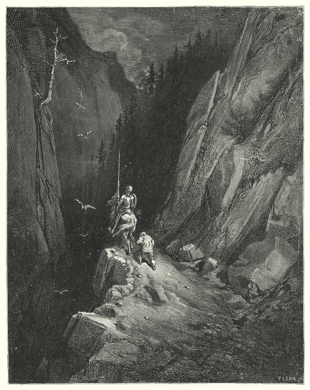 Don Quijote Gustava Dorea: „Don Quijote byl s radostí převezen, aby našel sám sebe tam, kde by mohl lichotit svým ambicím s nadějemi na nová dobrodružství“ (rytina) od Gustave Dore