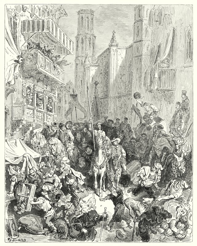 Don Quijote Gustava Dorea: „Obklopili ho uprostřed své brigády a odvedli ho směrem k městu“ (rytina) od Gustave Dore