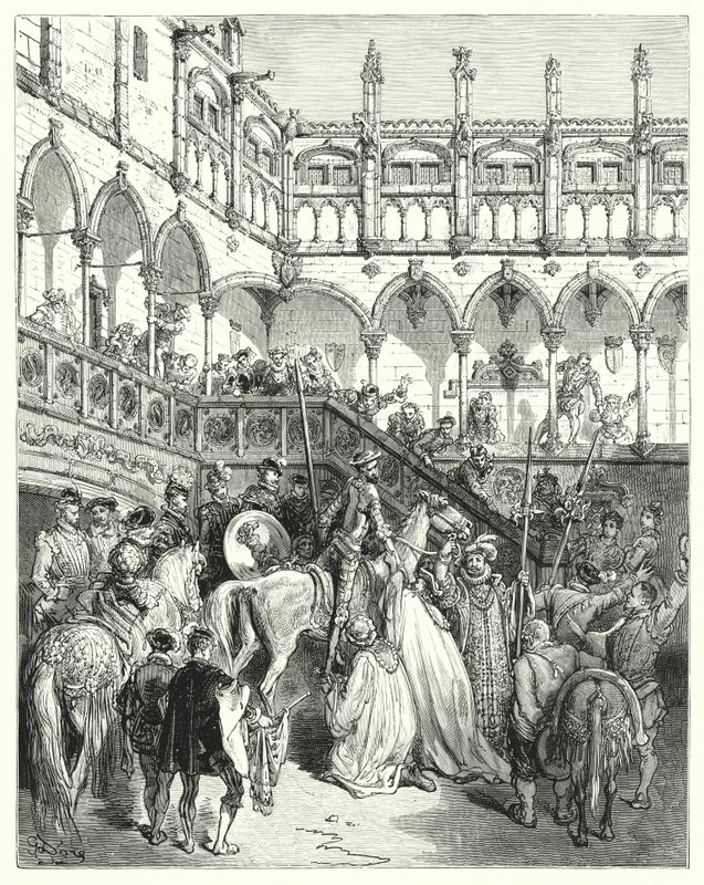 Don Quijote Gustava Dorea: „Jdi, velký a mocný pane,“ řekli, „a pomoz mé paní vévodkyni dolů“ (rytina) od Gustave Dore