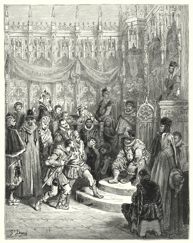 Don Quijote Gustava Dorea: „Guvernér Sancho Panza vykonávající spravedlnost“ (rytina) od Gustave Dore