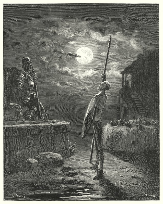 Don Quijote Gustava Dorea: „Začal chodit u koňského žlabu s půvabným chováním“ (rytina) od Gustave Dore