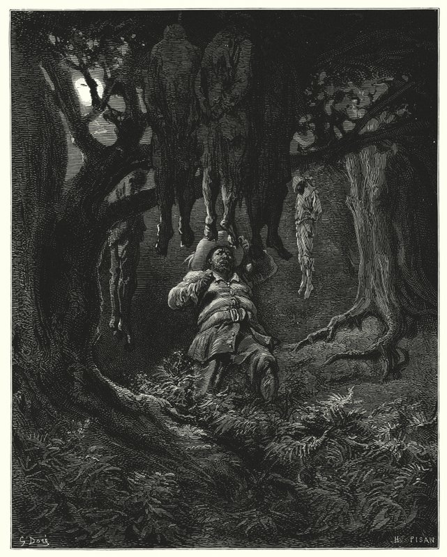 Don Quijote Gustava Dorea: „Zavolal na Dona Quijota o pomoc“ (rytina) od Gustave Dore