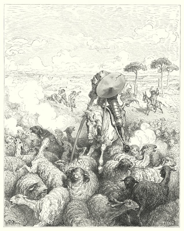 Don Quijote Gustava Dorea: „Zaútočil na eskadru ovcí“ (rytina) od Gustave Dore