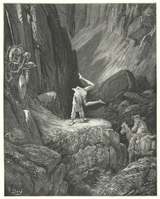 Don Quijote Gustava Dorea: „Dva nebo tři švihy ve vzduchu, pak se nadhodil na ruce a dvakrát si dal podpatky přes hlavu“ (rytina) od Gustave Dore