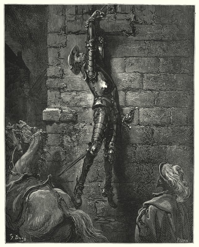 Don Quijote Gustava Dorea: „Nevyhnutelně spadl na zem, pokud jeho zápěstí nebylo bezpečně připevněno k provazu“ (rytina) od Gustave Dore