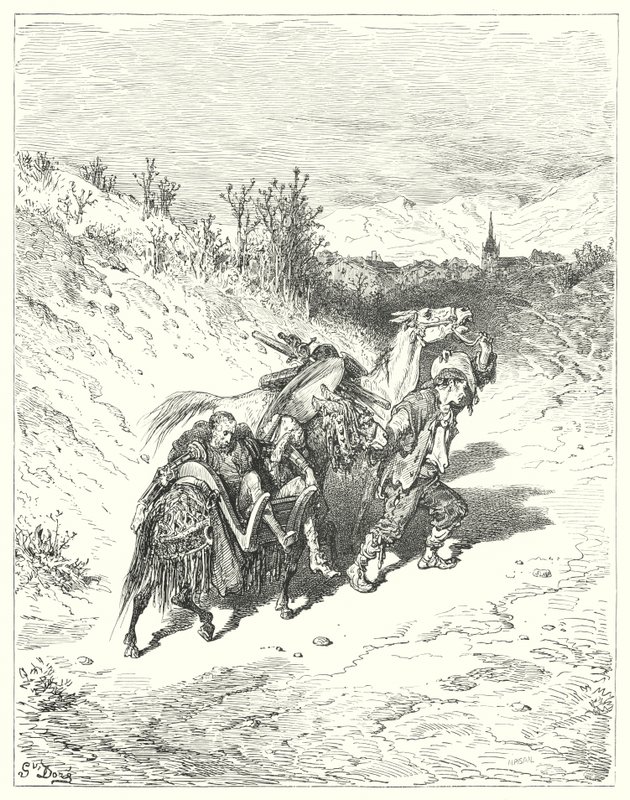Don Quijote Gustava Dorea: „Všechny je vedl směrem k vesnici a sám se vlekl stopu, velmi zamyšlený“ (rytina) od Gustave Dore