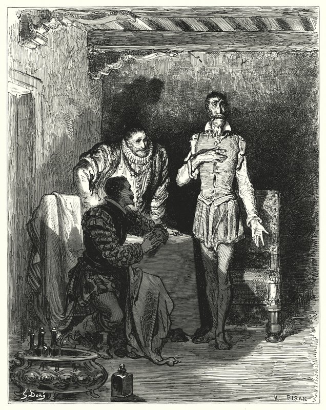 Don Quijote Gustava Dorea: „Vyprávěl pánům celý příběh o jejím očarování“ (rytina) od Gustave Dore