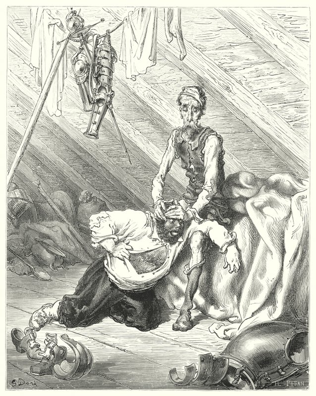 Don Quijote Gustava Dorea: „Opravdu věřil, že nastala jeho poslední hodina“ (rytina) od Gustave Dore