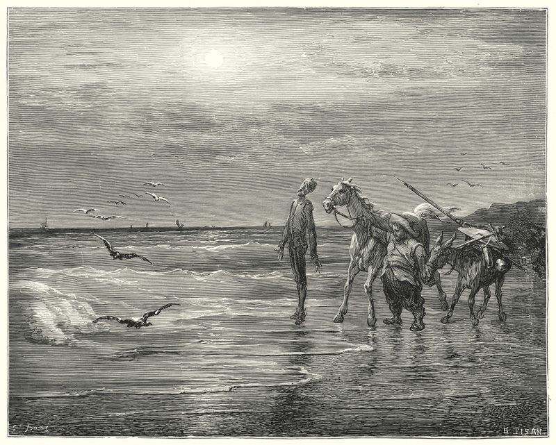 Don Quijote Gustava Dorea: „Tady padlo mé štěstí, už nikdy nevstane“ (rytina) od Gustave Dore
