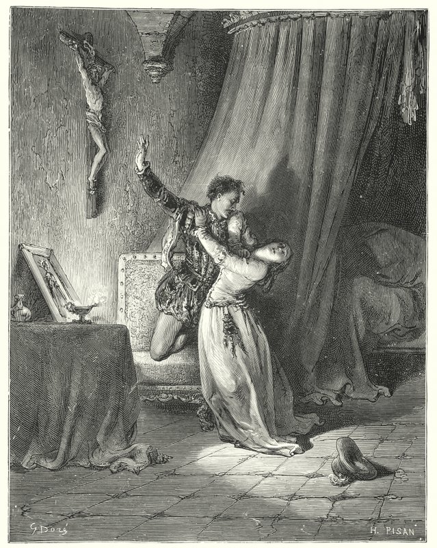 Don Quijote Gustava Dorea: "Jsem teď tvůj, krásná Dorotheo: vidíš, dávám ti sem svou ruku, abych byla tvoje" (rytina) od Gustave Dore