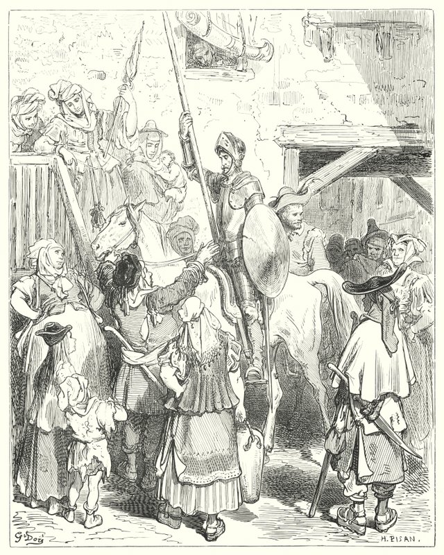 Don Quijote Gustava Dorea: „S tím vším nemám nic společného,“ zvolal hostinský; "zaplaťte za sebe" (rytina) od Gustave Dore