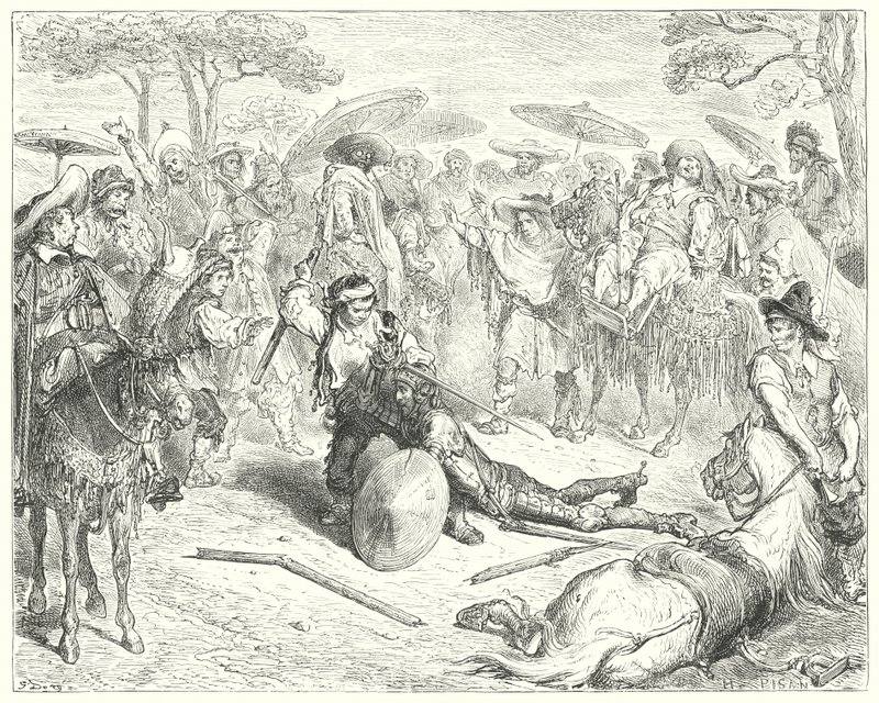 Don Quijote Gustava Dorea: „Navzdory jeho pažím ho mlátil jako pšeničný snop“ (rytina) od Gustave Dore