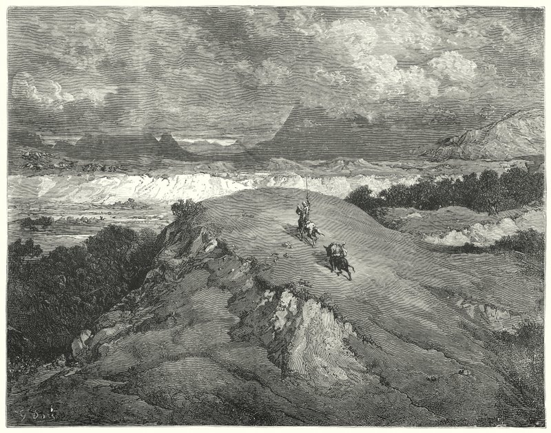 Don Quijote Gustava Dorea: „Byla noc, než se naši dva cestovatelé dostali do nejpouštnější části hory“ (rytina) od Gustave Dore