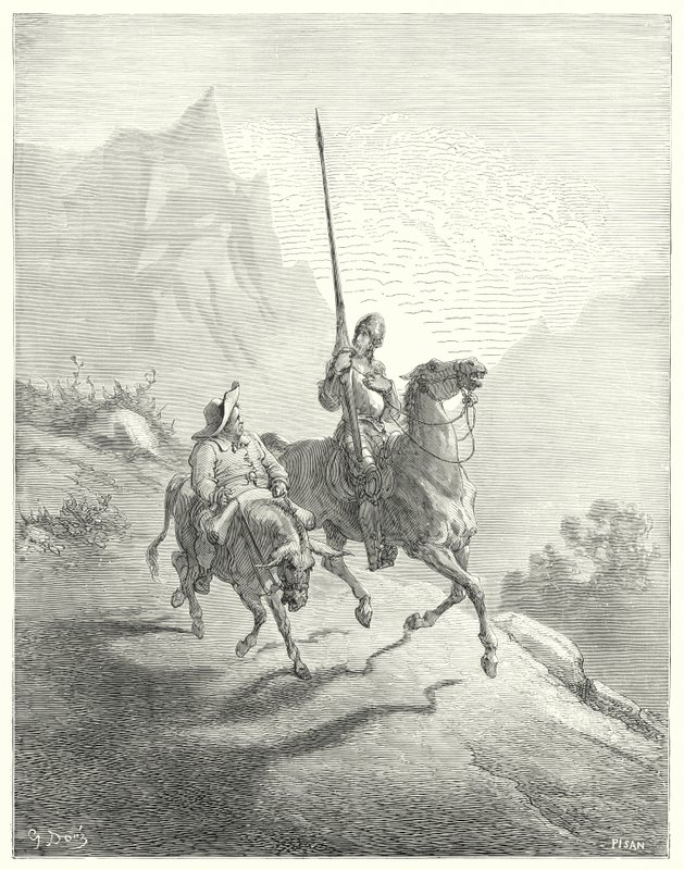 Don Quijote Gustava Dorea: „Bylo ještě časné ráno, v tu dobu nebyly sluneční paprsky tak urážlivé“ (rytina) od Gustave Dore