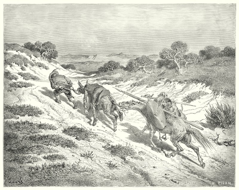Don Quijote Gustava Dorea: „Vedl prdel za ohlávku a vydal se nejbližší cestou, kterou dokázal odhadnout, k hlavní silnici“ (rytina) od Gustave Dore