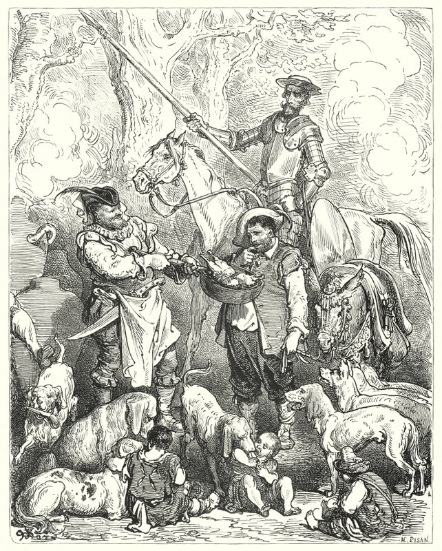 Don Quijote Gustava Dorea: „Udělejte si posun, abyste s tím zůstali v žaludku, dokud nebude večeře hotová“ (rytina) od Gustave Dore
