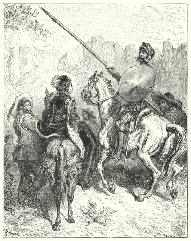 Don Quijote Gustava Dorea: „Nyní, paní,“ řekl don Quijote, „dovolte mi požádat vaši velikost, abyste mi řekli, kterou cestou musíme jít, abychom vám prokázali službu“ (rytina) od Gustave Dore
