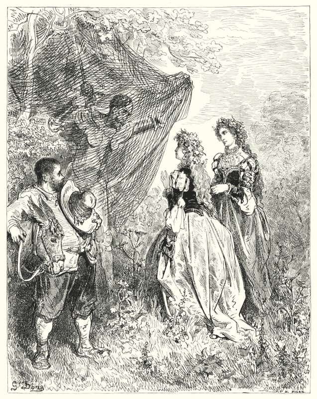 Don Quijote Gustava Dorea: „Nyní, pane, pokud nám prosím dopřejte svou společnost, budete velmi vítáni“ (rytina) od Gustave Dore