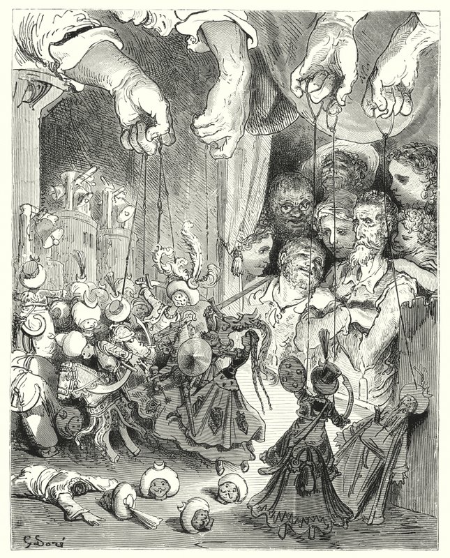 Don Quijote Gustava Dorea: „Pozorujte, jak se z města valí obrovská společnost třpytivých koní, aby pronásledovala křesťanské milence“ (rytina) od Gustave Dore