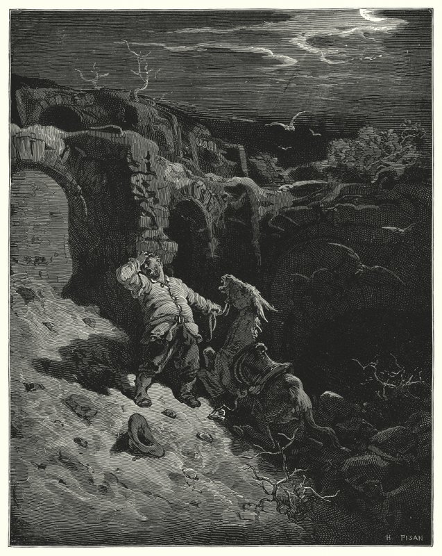 Don Quijote Gustava Dorea: "Ach, můj drahý příteli a příteli," řekl svému zadku, "jak špatně jsem oplatil tvou věrnou službu!" (rytina) od Gustave Dore