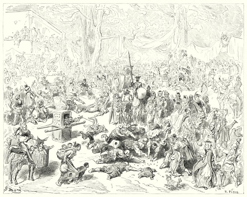 Don Quijote Gustava Dorea: „Chudák Sancho následoval svého pána s těžkým srdcem“ (rytina) od Gustave Dore