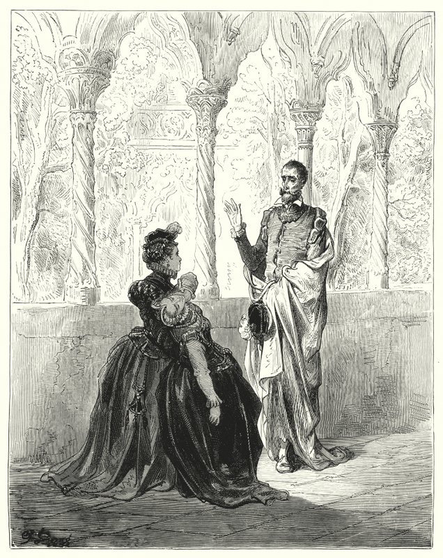 Don Quijote Gustava Dorea: „Modlete se, můj pane Done Quijote, odejděte, protože toto ubohé mladé stvoření nepřijde k sobě, dokud budete kolem“ (rytina) od Gustave Dore