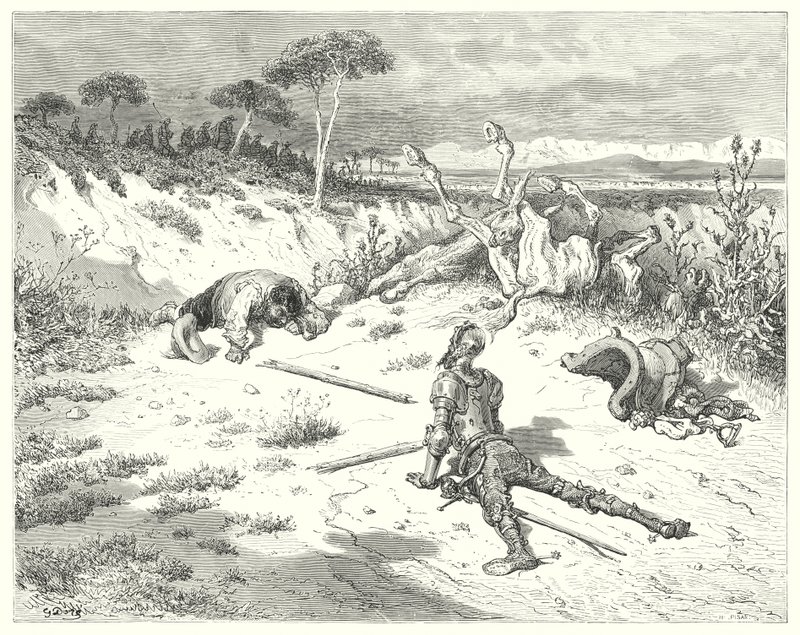 Don Quijote Gustava Dorea: „Sancho, vždycky jsem to slyšel říkat, že dělat laskavost klaunům je jako házet vodu do moře“ (rytina) od Gustave Dore