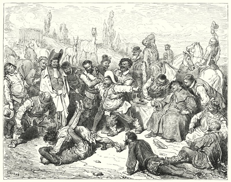 Don Quijote Gustava Dorea: „Samotný Sancho Panza byl naštvaný, utrápený k smrti a běsnil jako blázen“ (rytina) od Gustave Dore
