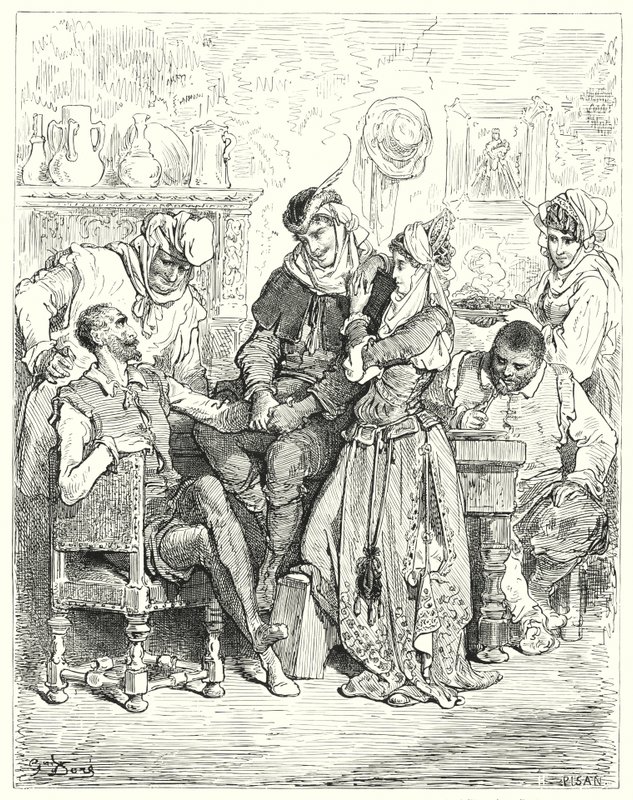 Don Quijote Gustava Dorea: „Sancho a jeho pán zůstali tři dny s mladým párem a bavili se jako princové“ (rytina) od Gustave Dore