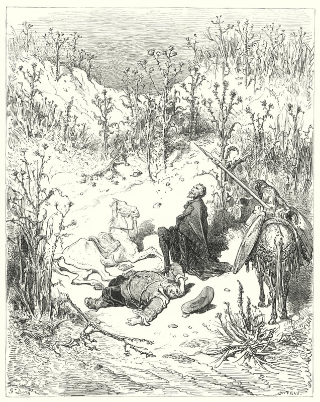 Don Quijote Gustava Dorea: „Spi, Sancho,“ zvolal Don Quijote: „spi, protože jsi se narodil, abys spal“ (rytina) od Gustave Dore