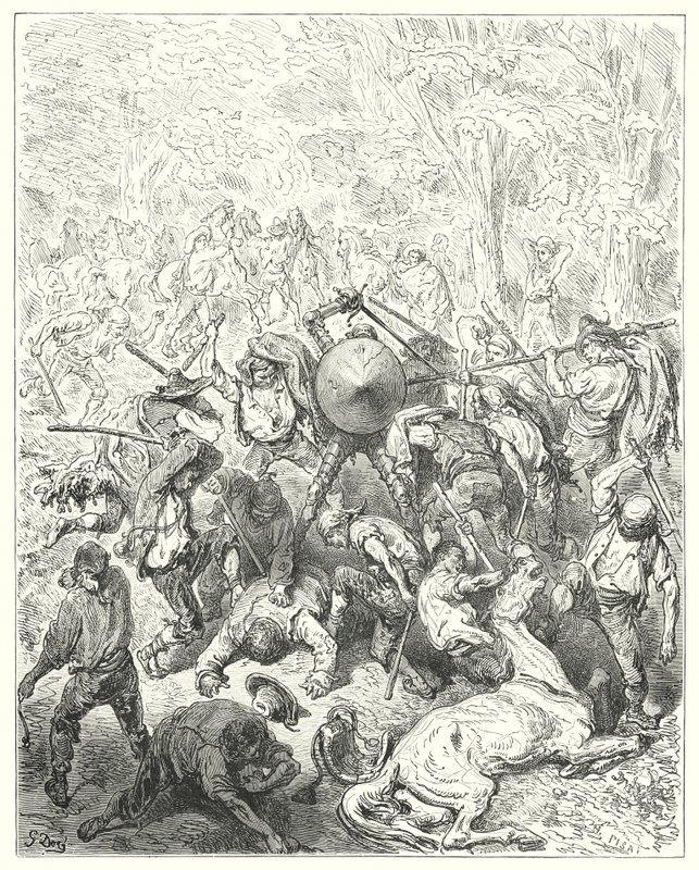 Don Quijote Gustava Dorea: „Yanguejci se poddali svým pákám a palcům“ (rytina) od Gustave Dore