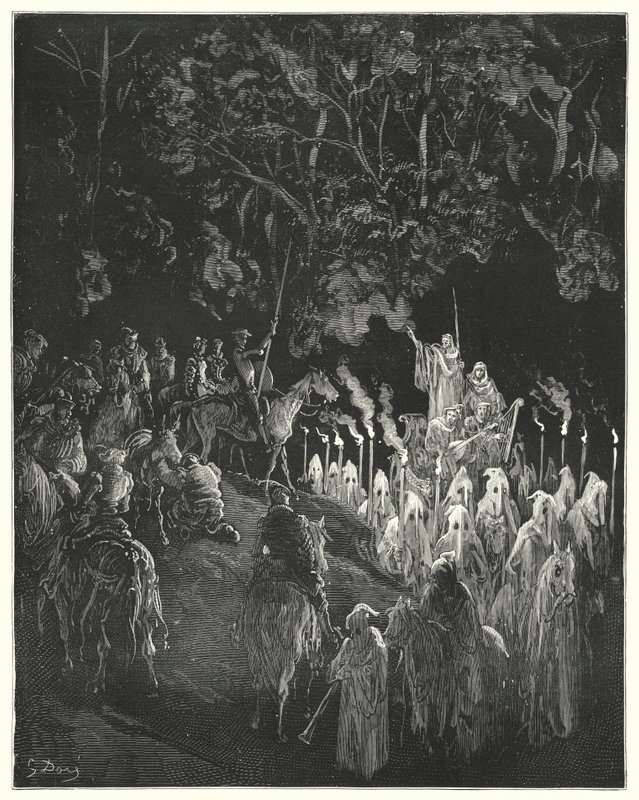 Don Quijote Gustava Dorea: „Postava v šatech vstala“ (rytina) od Gustave Dore