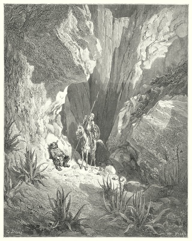 Don Quijote Gustava Dorea: „První věc, kterou našel, byl hrubý návrh sonetu; tak ho přečetl nahlas“ (rytina) od Gustave Dore