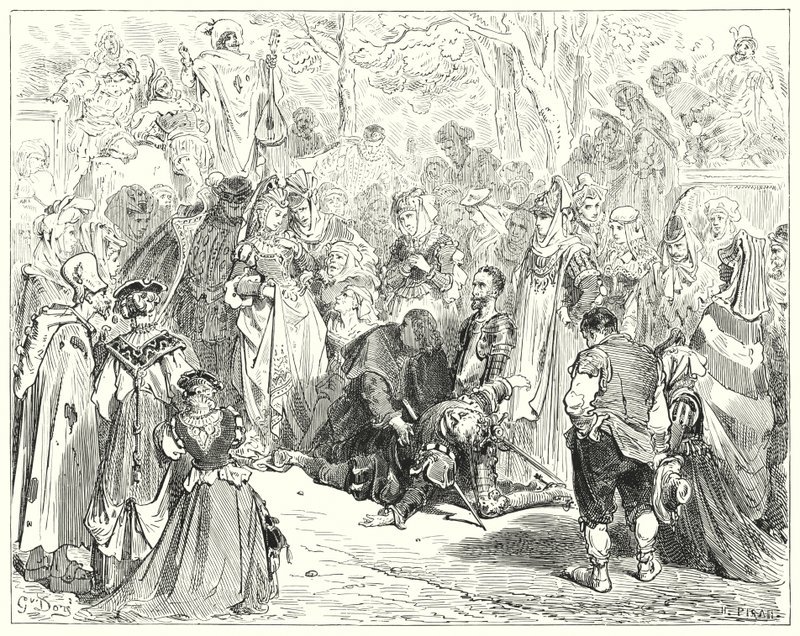 Don Quijote Gustava Dorea: „Ubohá panna, třesoucí se a zděšená, aniž by promluvila, přišla k ubohému Basilovi“ (rytina) od Gustave Dore