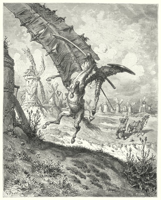 Don Quijote Gustava Dorea: „Plachta odmrštila spolu s sebou i rytíře i koně“ (rytina) od Gustave Dore