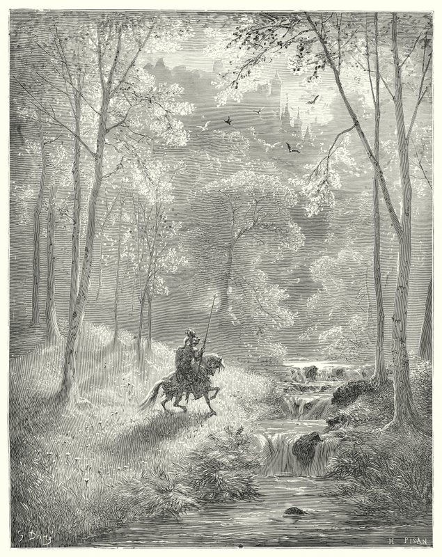 Don Quijote Gustava Dorea: „Nebe se mu zdá průhlednější a slunce jako by svítilo dvojnásobným jasem“ (rytina) od Gustave Dore
