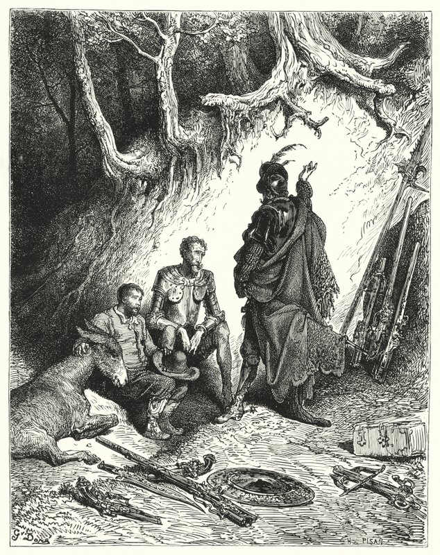 Don Quijote Gustava Dorea: „Panošové opustili Don Quijote, Roque a Sancho, aby čekali na svůj návrat“ (rytina) od Gustave Dore