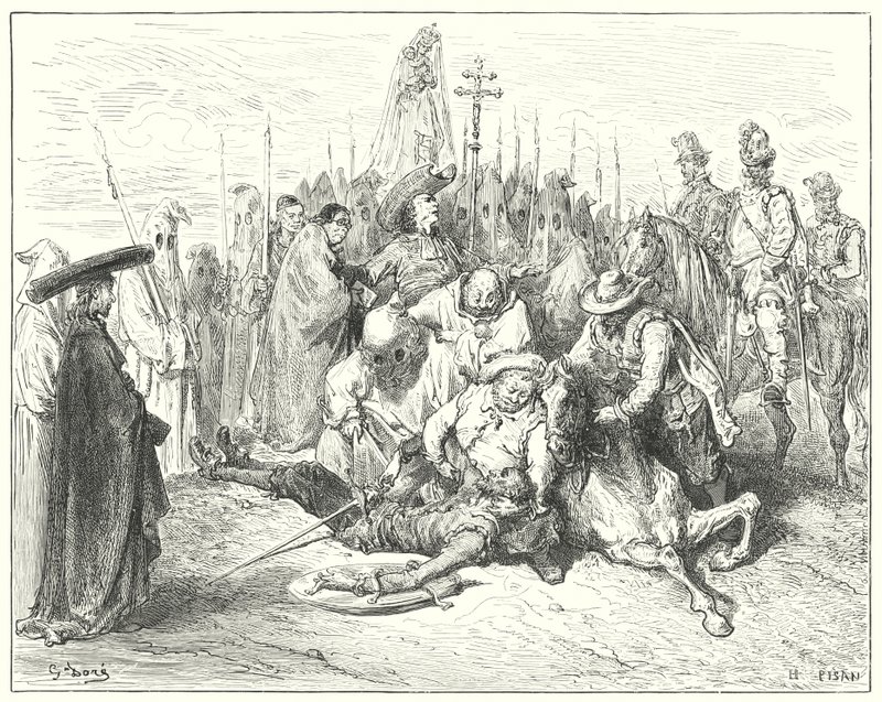 Don Quijote Gustava Dorea: „Ty žalostné akcenty panošova hlasu si konečně přivolaly Dona Quijota“ (rytina) od Gustave Dore