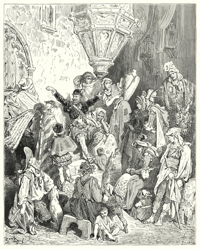 Don Quijote Gustava Dorea: „Na povrchu země nebyla země, kterou by neviděl, ani bitva, do které by se nezapojil“ (rytina) od Gustave Dore