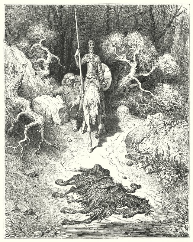 Don Quijote Gustava Dorea: „Přišli do parku, kde našli mrtvého mulu“ (rytina) od Gustave Dore