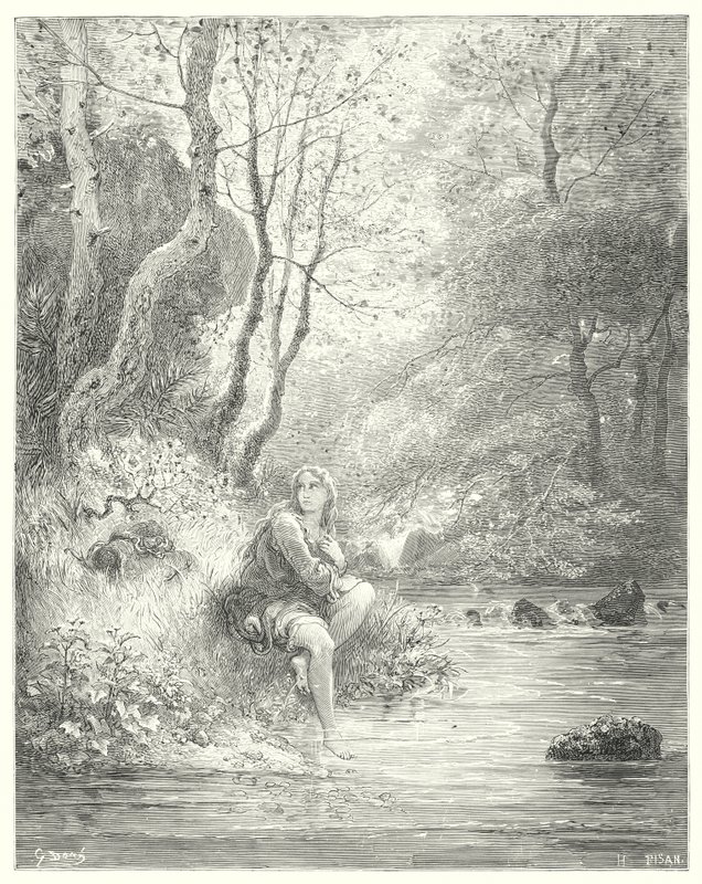 Don Quijote Gustava Dorea: „Spatřili mladíka ve venkovském hábitu, jak sedí na úpatí skály za jasanem“ (rytina) od Gustave Dore