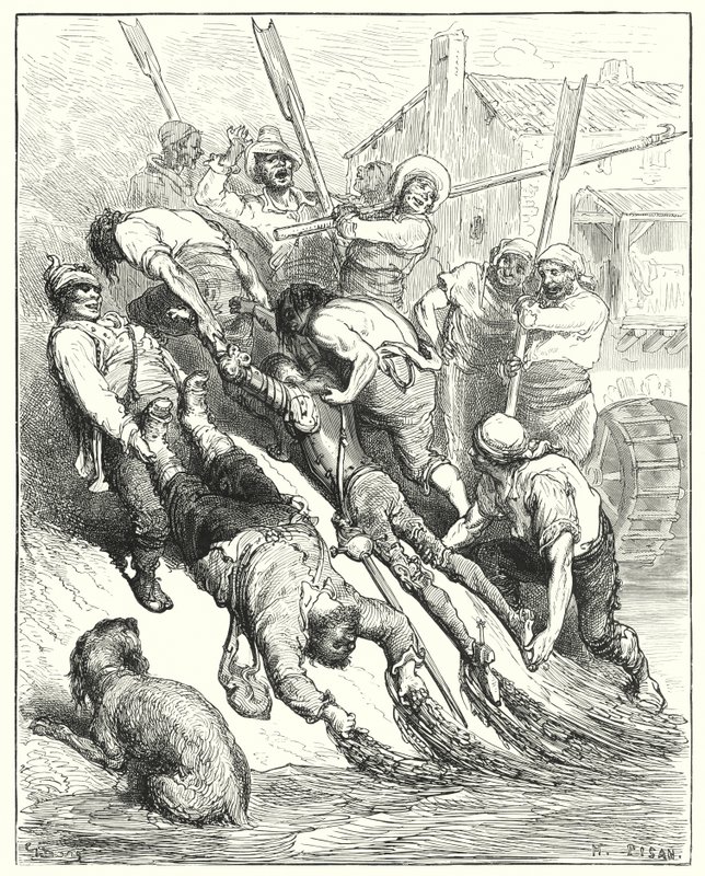 Don Quijote Gustava Dorea: „Oba byli vytaženi na břeh, více promočení než žízniví“ (rytina) od Gustave Dore