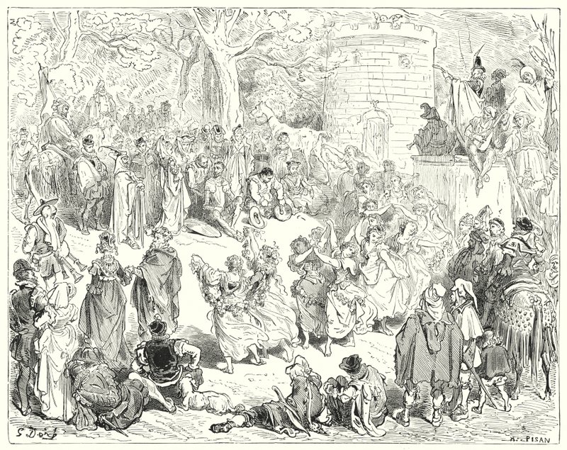Don Quijote od Gustava Dorea: „Vedl je ctihodný starý muž a královna žena“ (rytina) od Gustave Dore