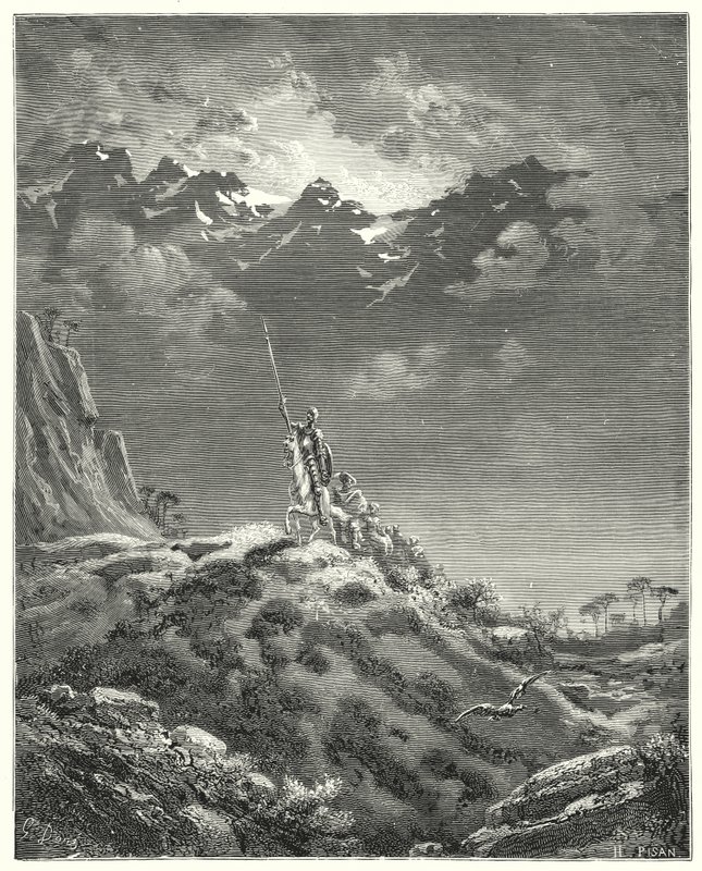 Don Quijote Gustava Dorea: „Směrem ke království Micomicon“ (rytina) od Gustave Dore
