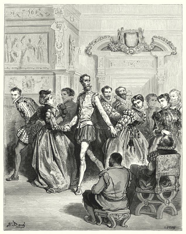 Don Quijote Gustava Dorea: „Dvě dámy se dvořily hlavně Donu Quijotovi“ (rytina) od Gustave Dore