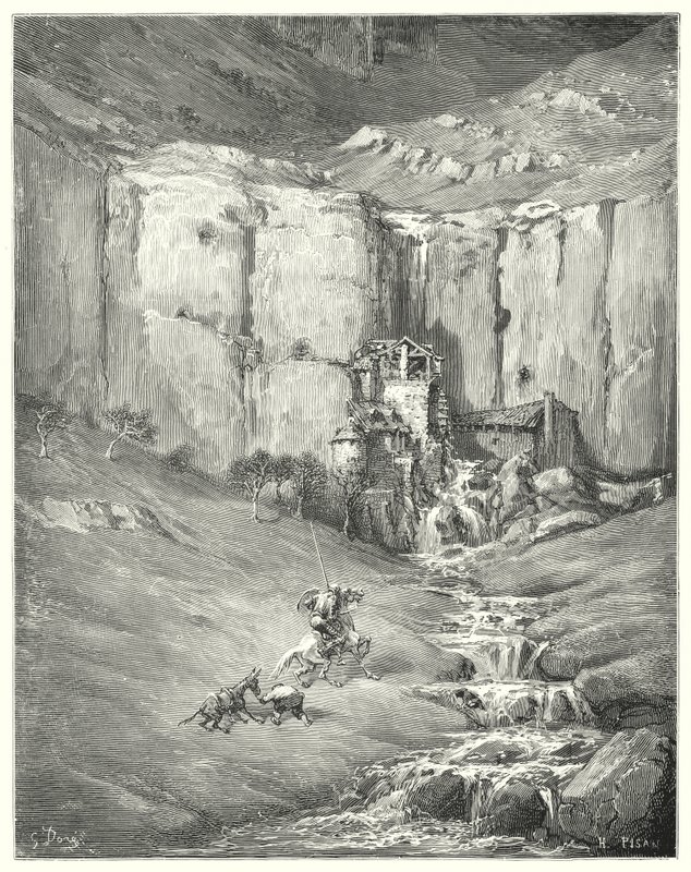 Don Quijote Gustava Dorea: "Když se přiblížili, dokonce i samotný pacient Rozinante začal u toho strašlivého zvuku" (rytina) od Gustave Dore