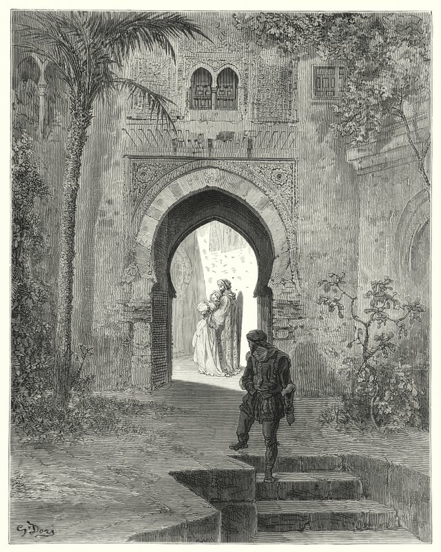 Don Quijote Gustava Dorea: „Zoraida, která svým vzhledem projevila potíže, odešla se svým otcem“ (rytina) od Gustave Dore