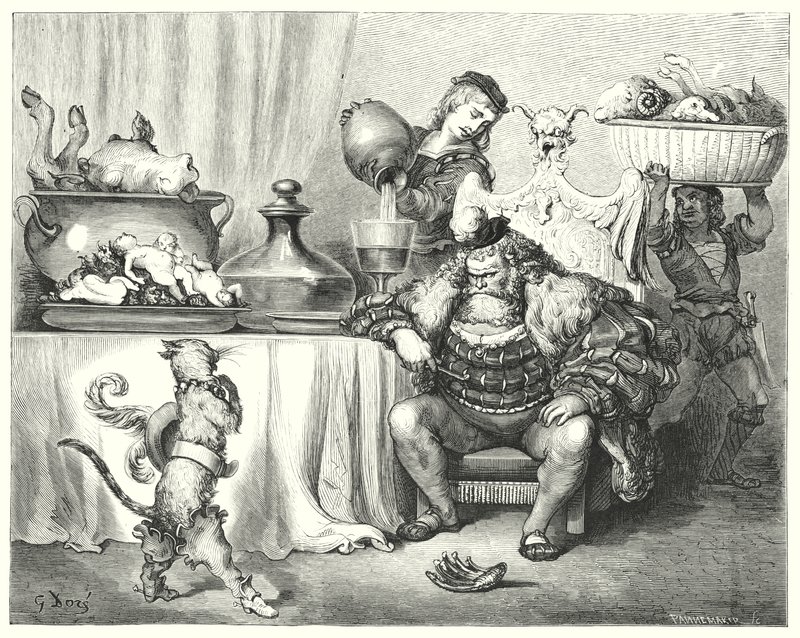 Mistr kočka nebo Kocour v botách; Kocour v botách (rytina) od Gustave Dore