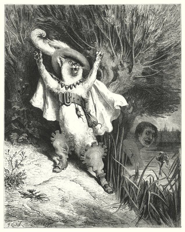 Mistr kočka nebo Kocour v botách; Kocour v botách (rytina) od Gustave Dore